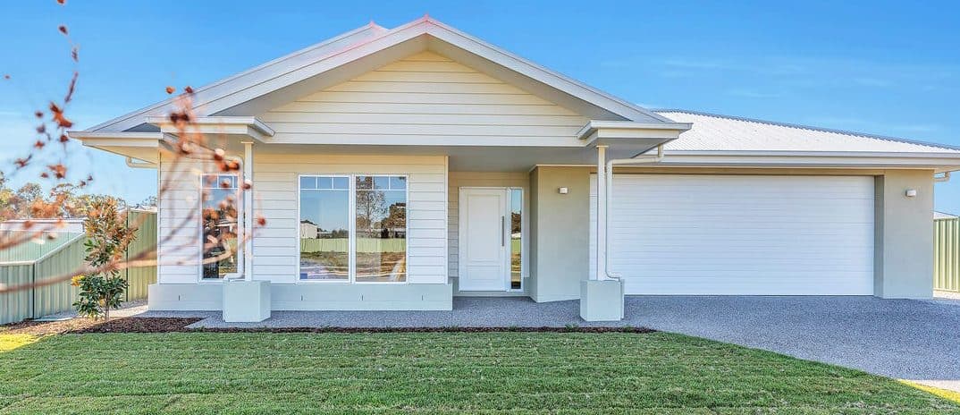 Street frontage of a newly built single storey home at Emmylou Place, Moama, styled for sale by Wisteria & Oak